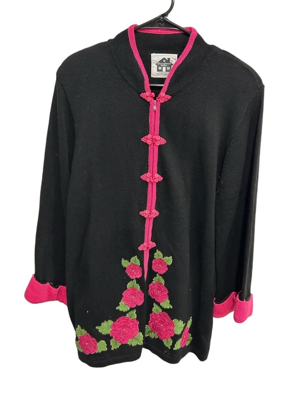 Storybook Knits Black Cardigan Pink Floral Embroidery Frog Closures Sz Medium